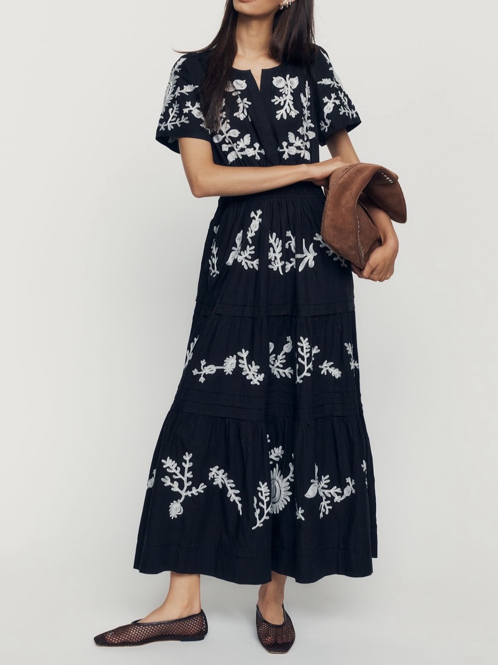 Anthropologie Black Maxi Dress with White Floral Embroidery